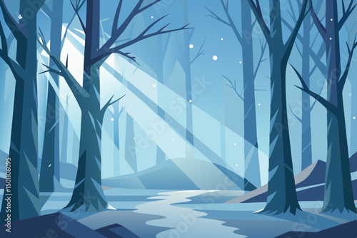 a mystical winter forest with icy trees and sunlig