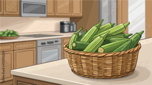 Ladies Finger Okra in Basket Kitchen Still Life Vector Illustration