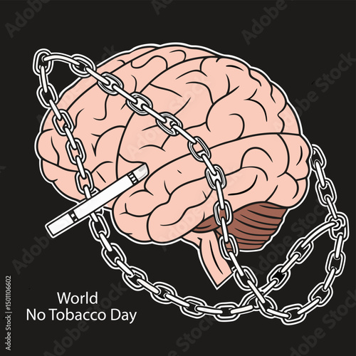 Conceptual Illustration for World No Tobacco Day Depicting a Human Brain Wrapped in Chains with a Cigarette – Symbolizing Tobacco Addiction and Mental Health Struggles