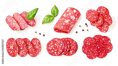 A set of different italian salami and pepperoni slices cold cut deli meat cuts meats vector illustration isolated on a white background