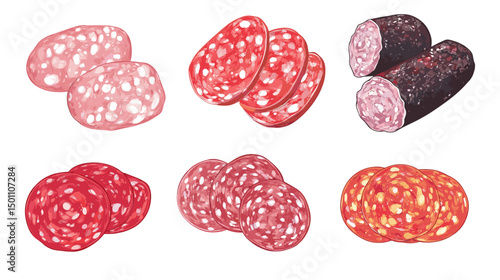 A set of different italian salami and pepperoni slices cold cut deli meat cuts meats vector illustration isolated on a white background