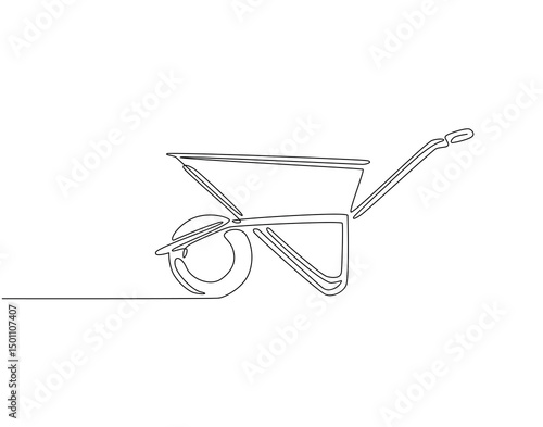 Continuous one line drawing of wheelbarrow. One line drawing illustration of empty wheelbarrow. Construction and gardening equipment concept single line. Editable outline
