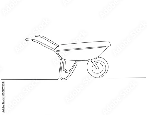Continuous one line drawing of wheelbarrow. One line drawing illustration of empty wheelbarrow. Construction and gardening equipment concept single line. Editable outline