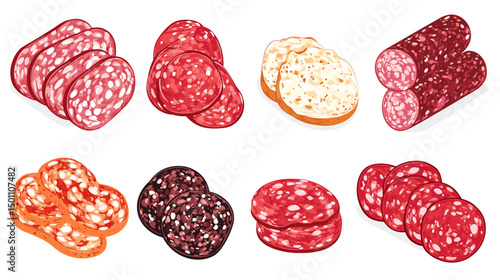 A set of different italian salami and pepperoni slices cold cut deli meat cuts meats vector illustration isolated on a white background