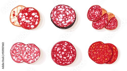 A set of different italian salami and pepperoni slices cold cut deli meat cuts meats vector illustration isolated on a white background