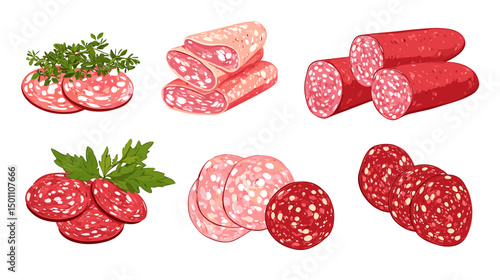 A set of different italian salami and pepperoni slices cold cut deli meat cuts meats vector illustration isolated on a white background