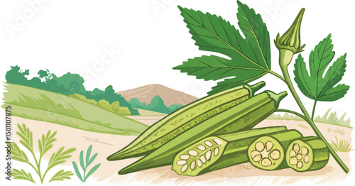 Ladies Finger Vegetable Vector Background Design with Natural Setting