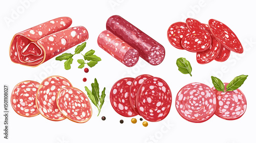 A set of different italian salami and pepperoni slices cold cut deli meat cuts meats vector illustration isolated on a white background