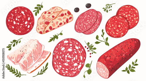 A set of different italian salami and pepperoni slices cold cut deli meat cuts meats vector illustration isolated on a white background