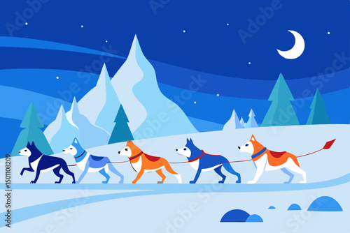 dog sled team dashing across snowy tundra in the a 
