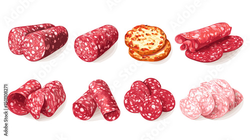 A set of different italian salami and pepperoni slices cold cut deli meat cuts meats vector illustration isolated on a white background