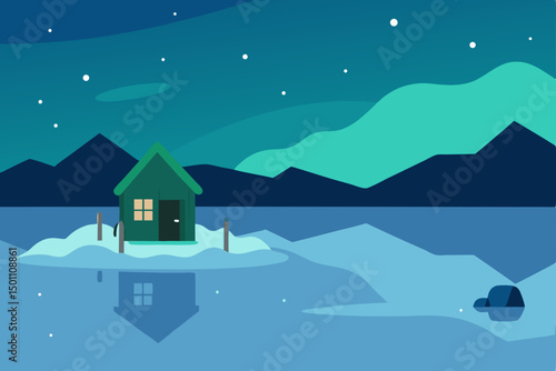 fisherman s hut on a frozen lake under the aurora  