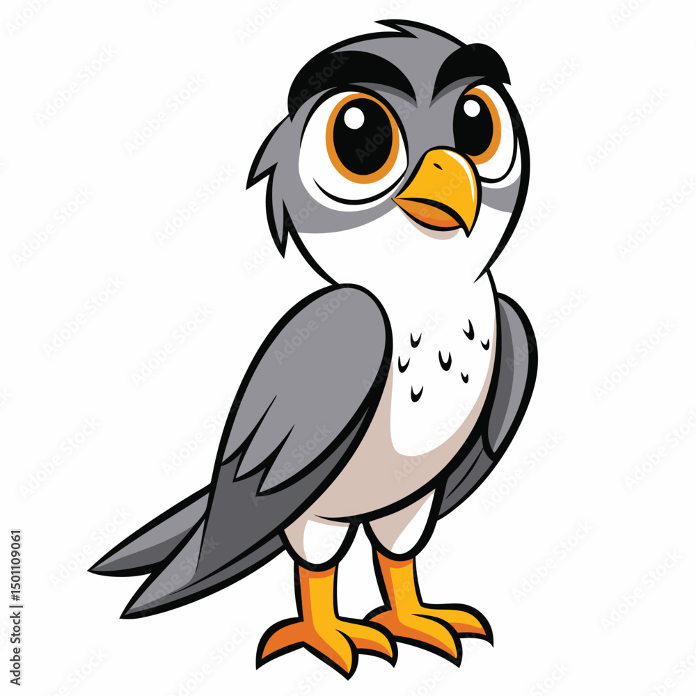 Fototapeta premium Cartoonish falcon with big orange eyes stands attentively against a simple white backdrop