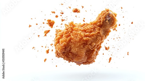 A beautifully styled image of a crispy fried chicken drumstick, captured mid-air. The golden-brown coating is flaky, showcasing a delicious and appetizing food experience.