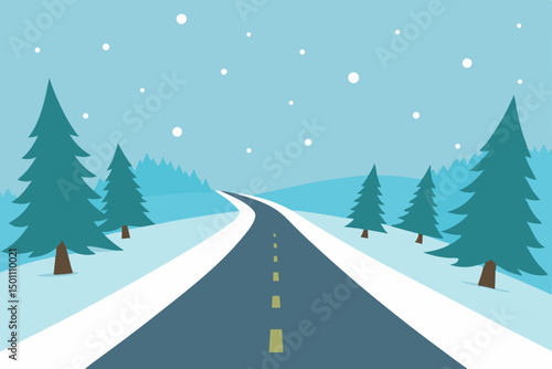 gentle snowfall over a quiet country road lined 