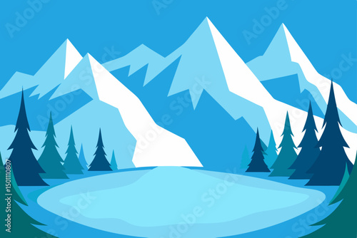 icy lake surrounded by alpine peaks and evergreen  