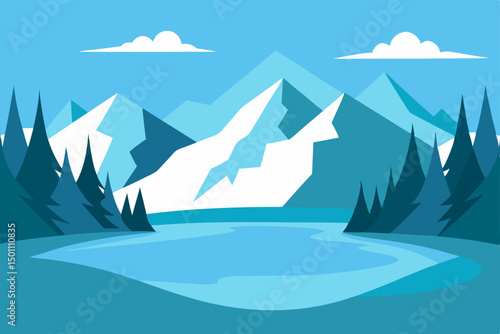 icy lake surrounded by alpine peaks and evergreen .svg