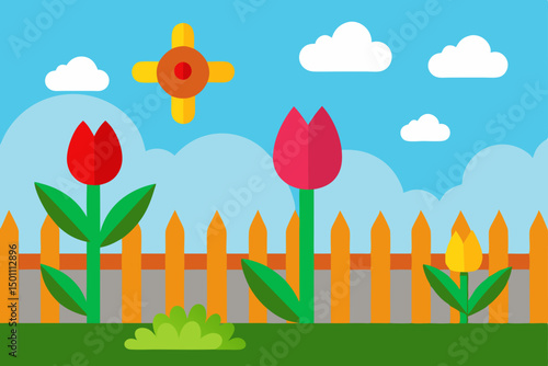 realistic spring backyard garden with colorful tul