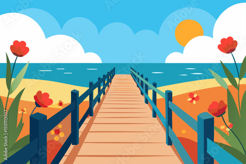 realistic spring boardwalk by the sea with bloomin.svg