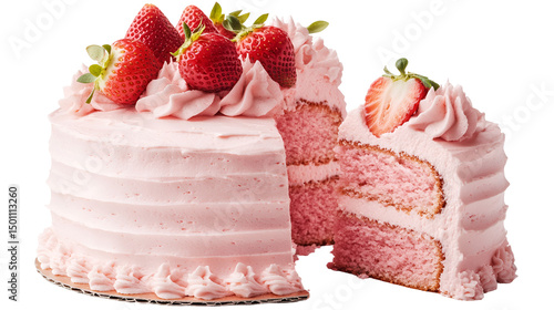 White chocolate strawberry yogurt cake decorated with fresh fruits and chocolate chunk on wood table. Delicious and sweet pink cake for Valentines or birthday party. Homemade bakery concept.