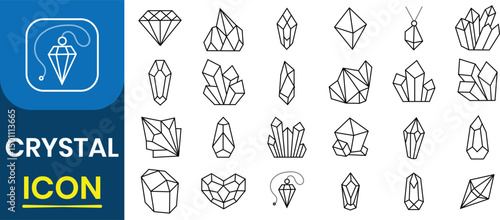 Crystal vector icon set. Crystal silhouette vector icon set. Mineral includes ruby, sapphire topaz, emerald.  Mineral rock, diamond shape, salt, abstract gemstone. Diamond vector illustration.