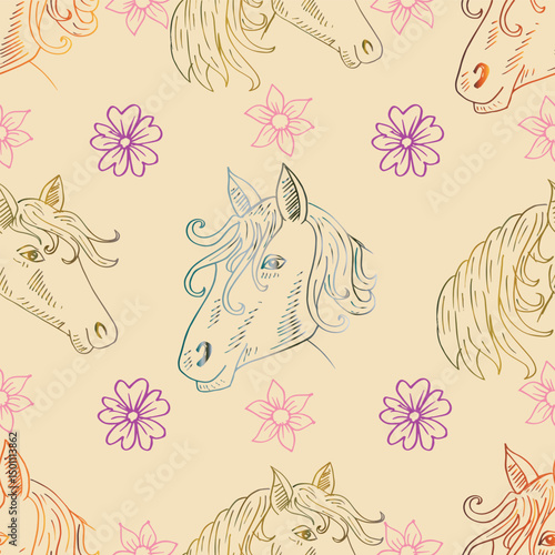 Seamless pattern with hand-drawn horse heads with flowers. Vector illustration.