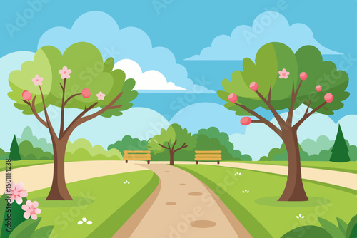 realistic spring park scene with flower beds  