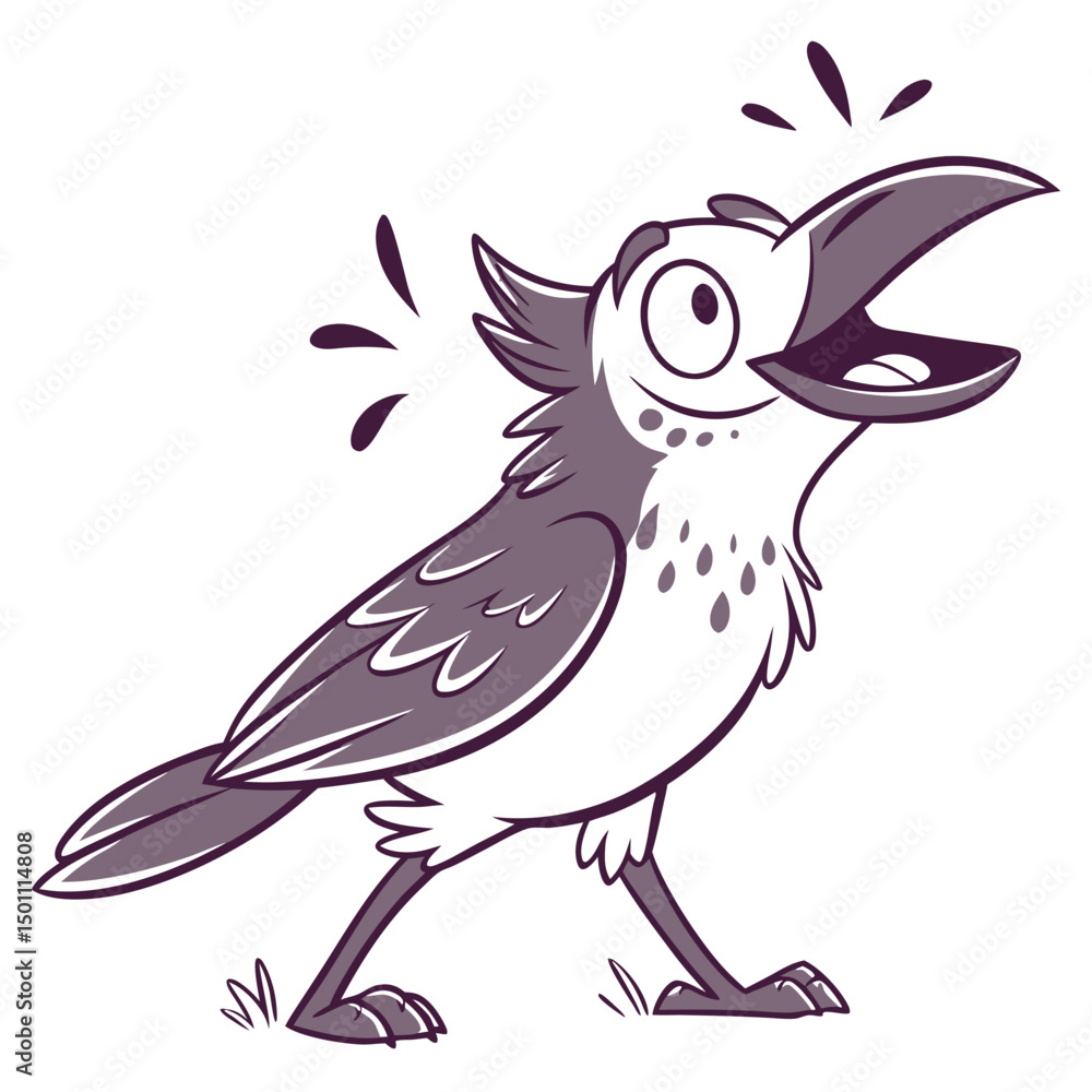 Fototapeta premium Playful cartoon bird struts confidently, its beak wide open, creating a cheerful vibe