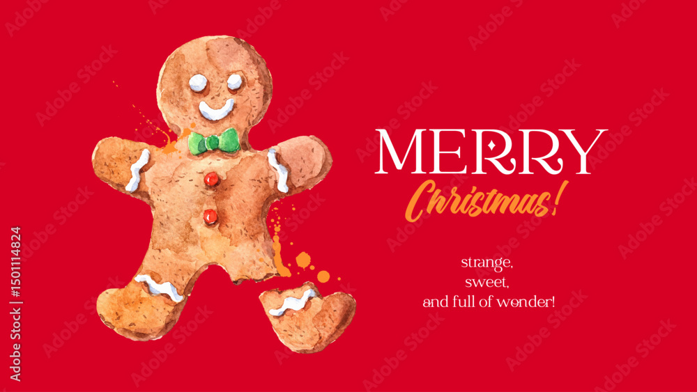 Fototapeta premium Watercolor gingerbread man, Christmas poster. Holiday hand drawn vector illustration