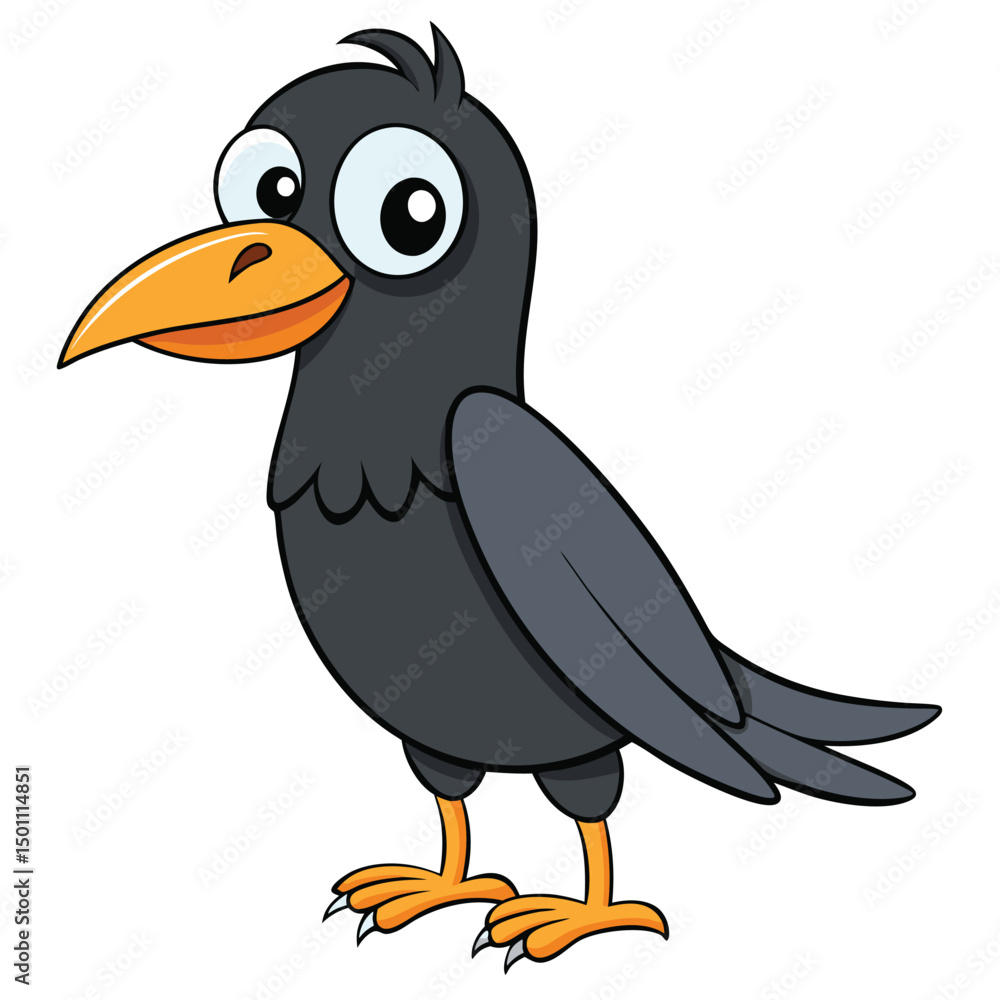 Obraz premium Animated black bird with orange beak and feet stands looking left