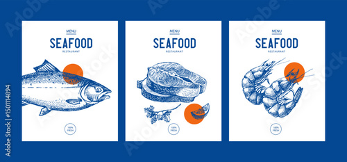 Sketch vintage seafood banner set. Hand drawn vector illustration