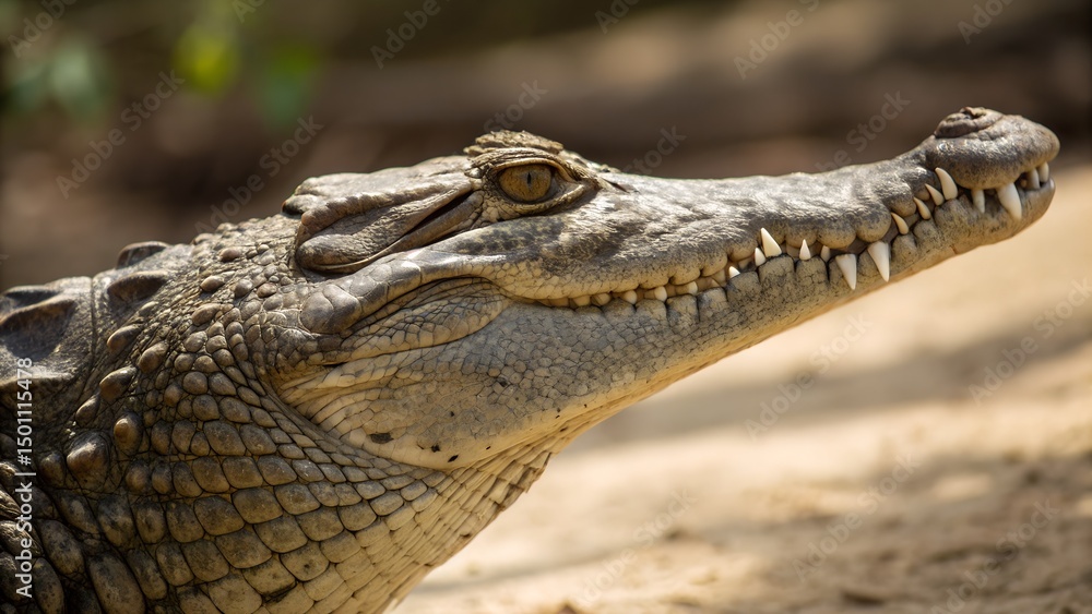 Obraz premium Majestic close up of a crocodile basking in the sun by the riverbank Generative AI