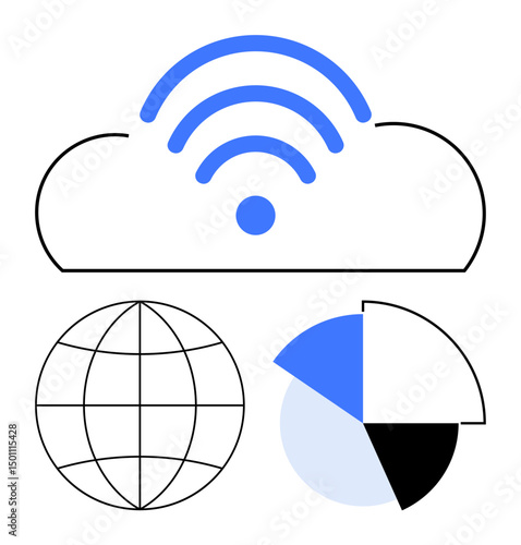 Cloud with wireless signal, globe grid, pie chart in minimalist style. Ideal for cloud computing, digital data, global connectivity, analytics, communication, IT solutions flat simple metaphor