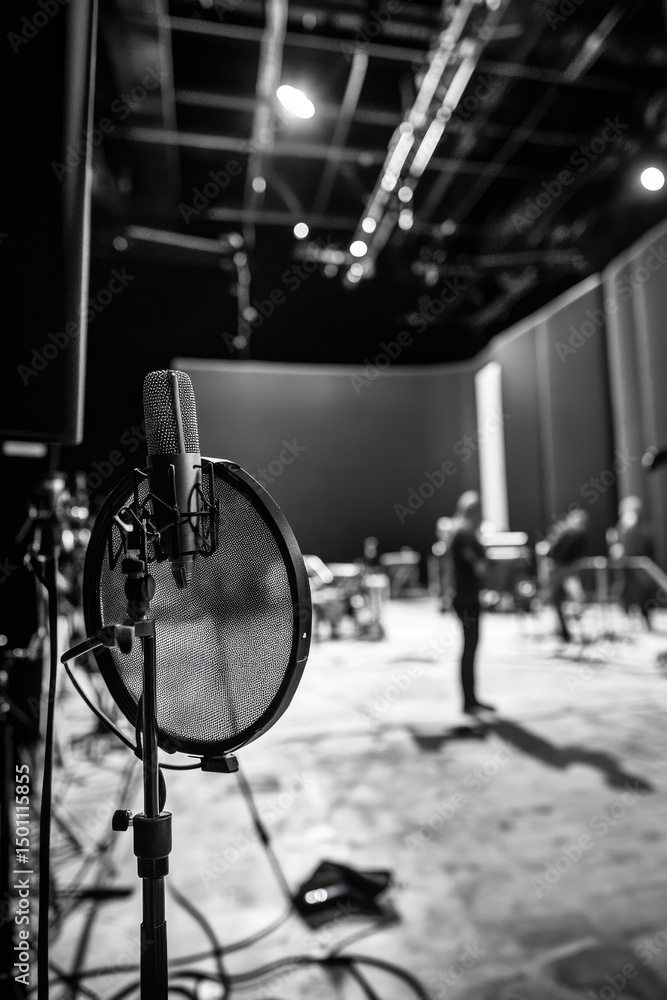 Fototapeta premium Recording studio interior, microphone focus