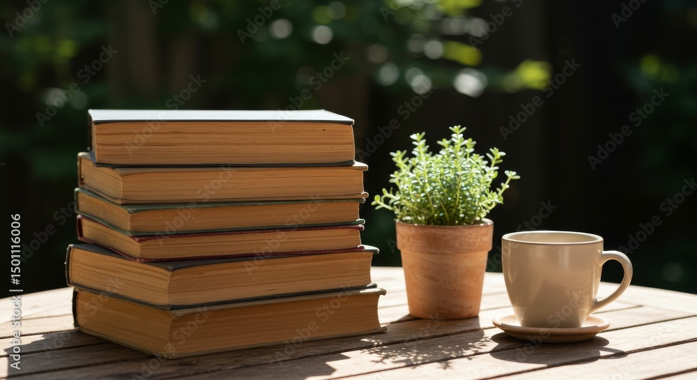 Stack of books with potted plant and coffee cup on wooden table Stack of books with potted plant and coffee cup on wooden table