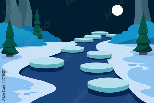 snow dusted stepping stones crossing a frozen fore 