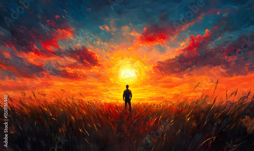 As the sun sets over a field, a man stands there, feeling free, hopeful, and happy, appreciating the beauty of life