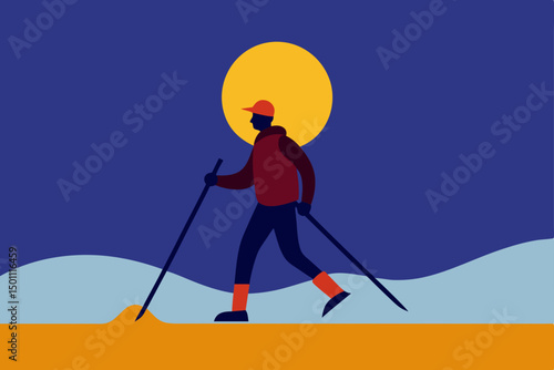 snowshoe trekker crossing a frozen meadow under 