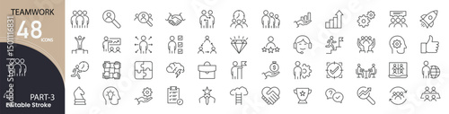 Teamwork related icons set. Including collaboration, support, partnership, unity, communication, goal, group, and leadership. Editable stroke. outline icons