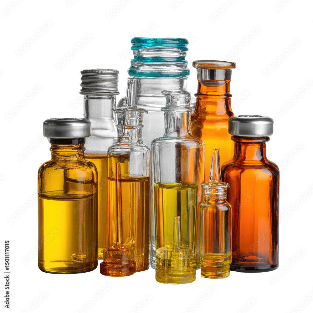 Liquid-filled vials isolated on transparent PNG background Liquid-filled vials isolated on transparent PNG background