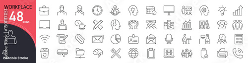 Workplace related icons set. Including office, team, desk, meeting, productivity, environment, and communication. Editable stroke. outline icons.

