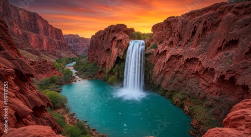 Photo of a Majestic Waterfall in a Red Rock Canyon Under Sunset Sky