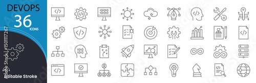 DevOps related icons set. Including automation, , code, cloud, tools, deployment, development, and monitoring. Editable stroke. outline icons.