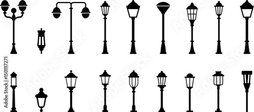 Street lamps icon. Devices for illumination of entryway, porch, walkway, path, garden, yard, park. Vector flat icon set.