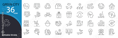 Green city related icons set. Including eco buildings, trees, sustainability, transport, energy, recycling, and nature. Editable stroke. outline icons.