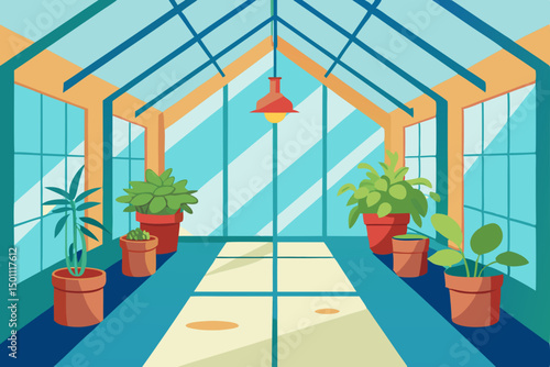 springtime greenhouse interior with potted plants .svg