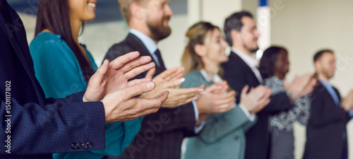 Fotografie Employees close up applauding, thanking, excited mature team after good presenta