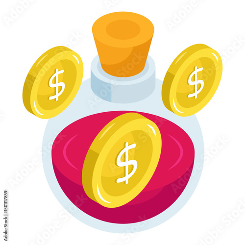 Dollar insider glass bottle, isometric design of money jar