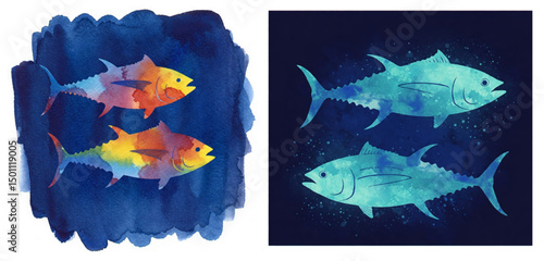 Colorful fish watercolor illustration. Vibrant marine life art and modern seafood graphic design