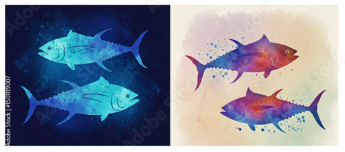 Colorful fish watercolor illustration. Vibrant marine life art and modern seafood graphic design